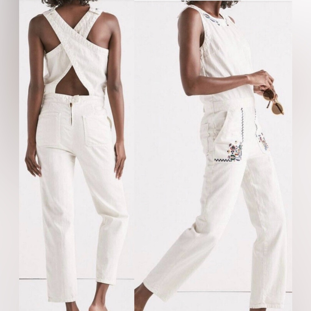 LUCKY BRAND Tomboy Jumpsuit Ecru Pockets Embroidery Straight Leg Boho Cotton XS